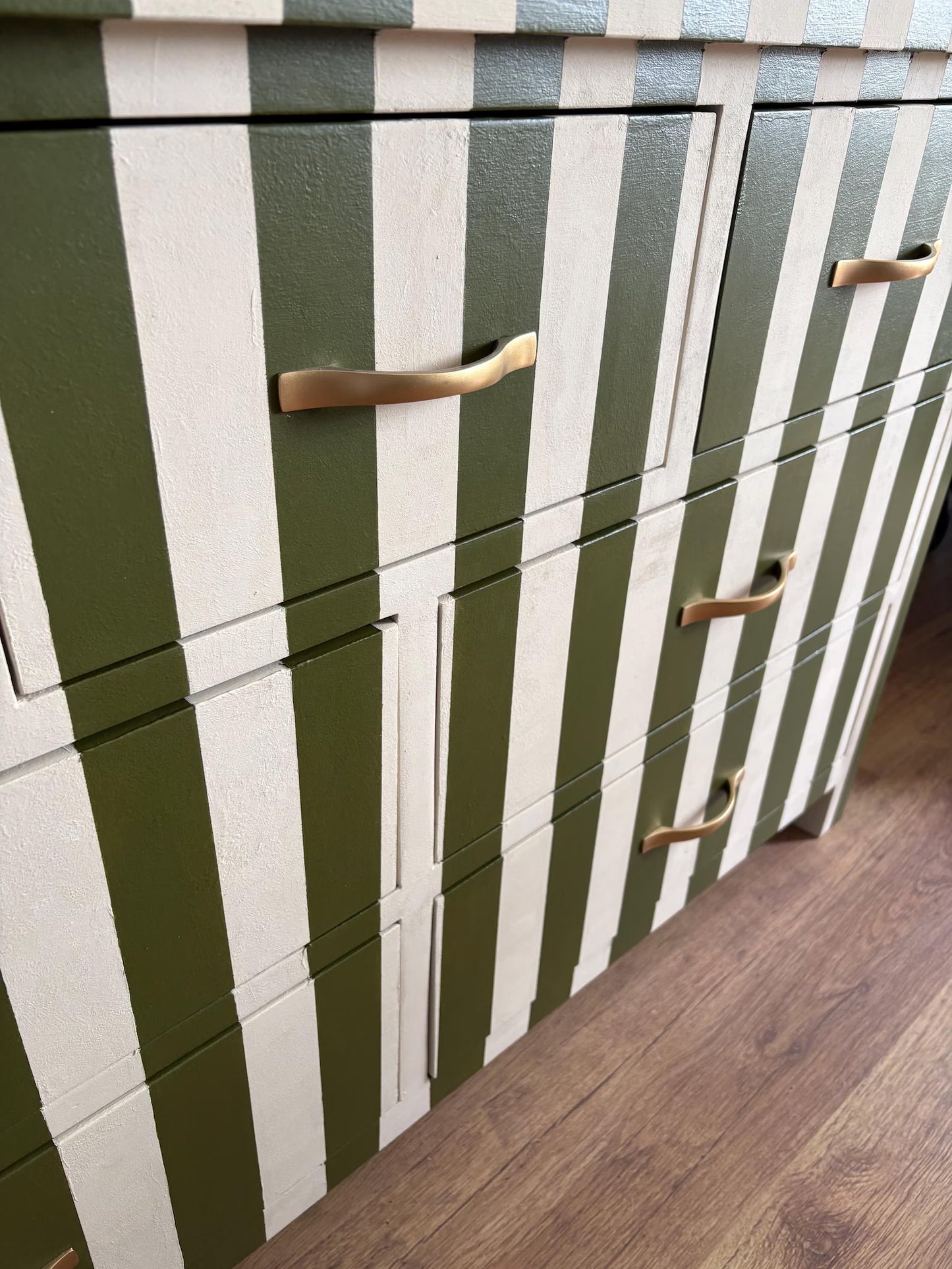 Solid pine wood Chest of drawers olive green cream stripe