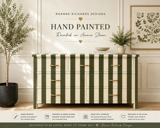 Solid pine wood Chest of drawers olive green cream stripe