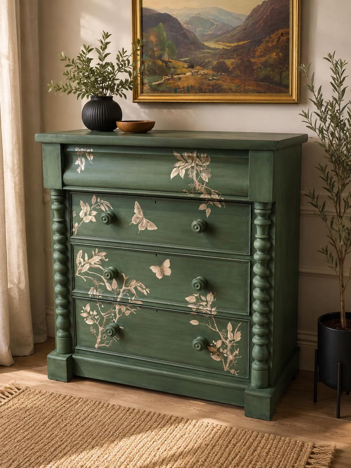 Antique Large Solid Wood Dark Green Floral Beige Chest of Drawers