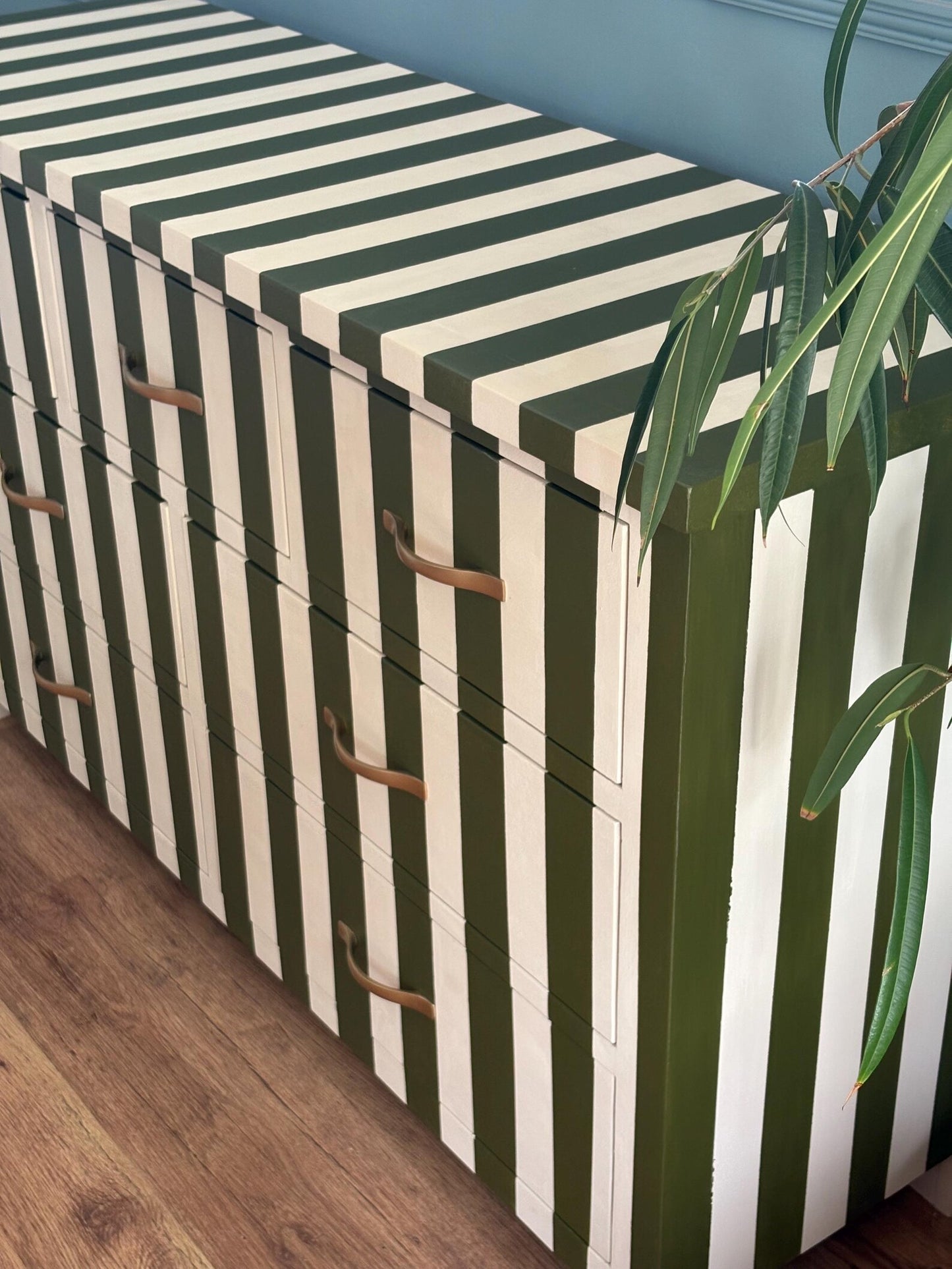 Solid pine wood Chest of drawers olive green cream stripe