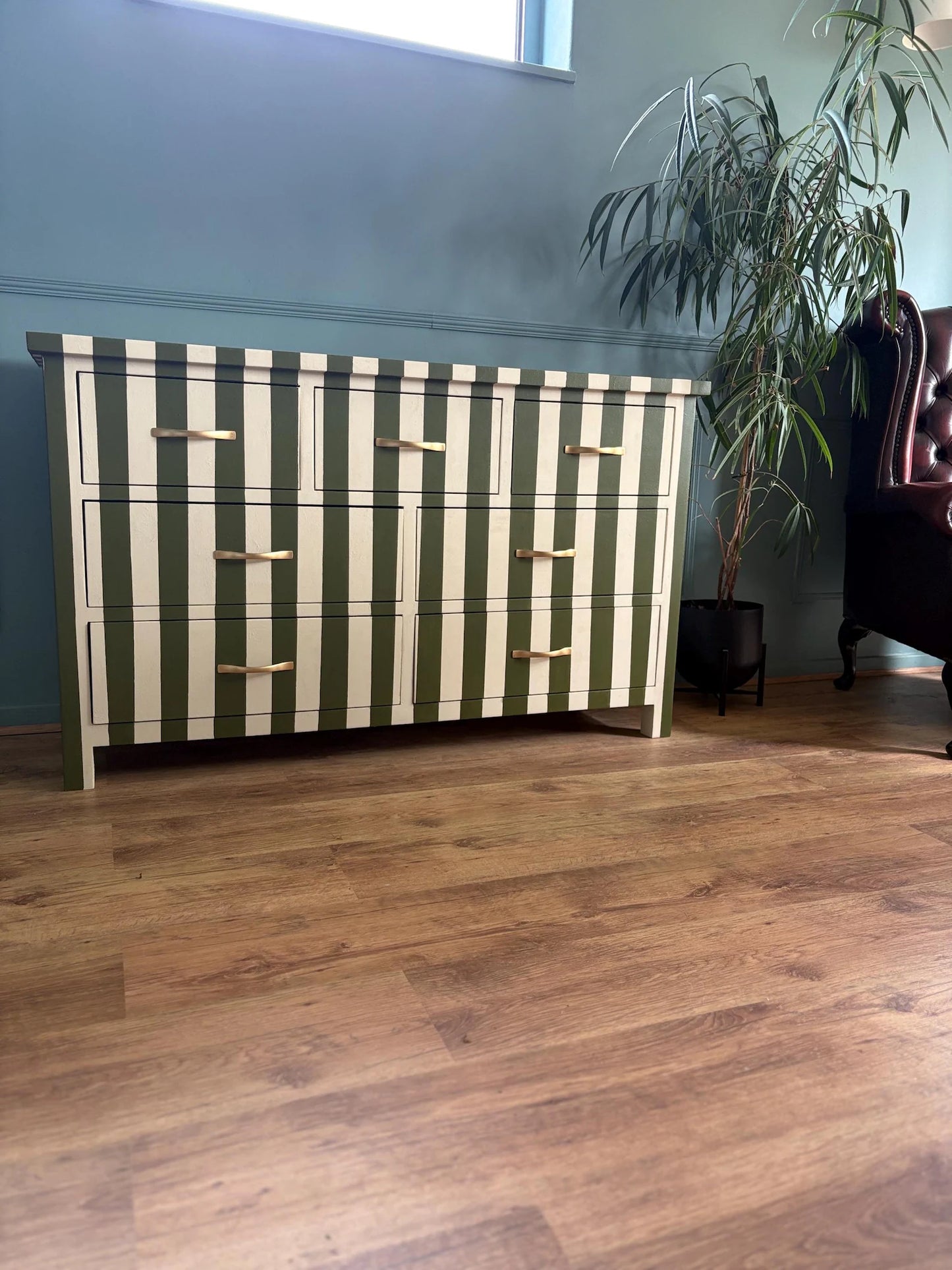 Solid pine wood Chest of drawers olive green cream stripe