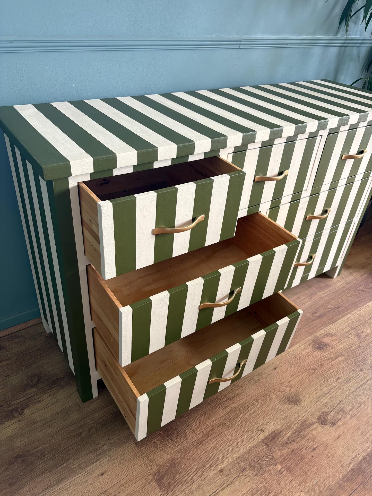 Solid pine wood Chest of drawers olive green cream stripe
