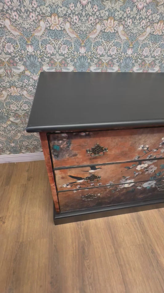 Beautiful Oriental Bird Blossom Pair Chest of Drawers Bedside Cabinets