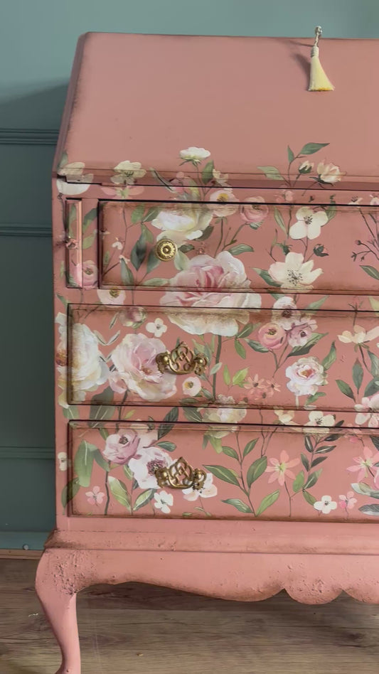 Peach Clay Floral Upcycled Green Bureau Desk Dressing Table