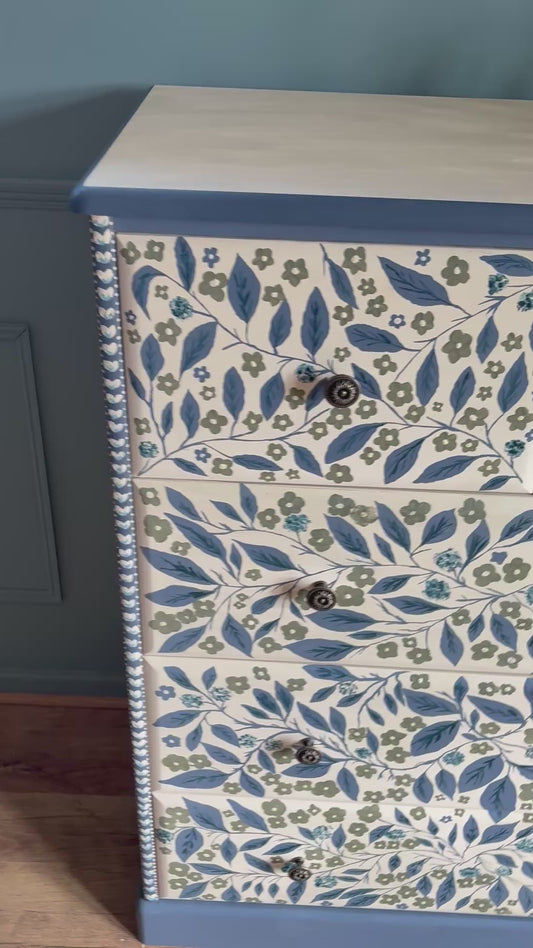 Handpainted floral leaf cream green blue upcycled chest of drawers