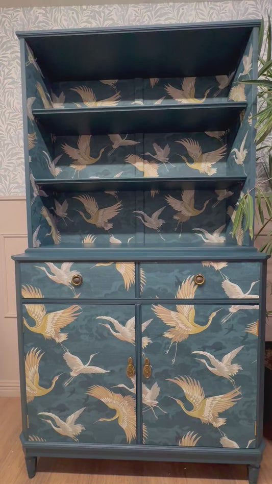 Navy Bird Crane Gold Upcycled Cabinet Bookcase