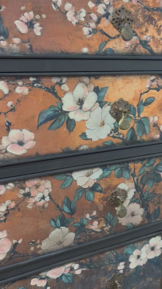 Copper Black Upcycled Oriental Bird Blossom Floral Chest of Drawers inc courier in price